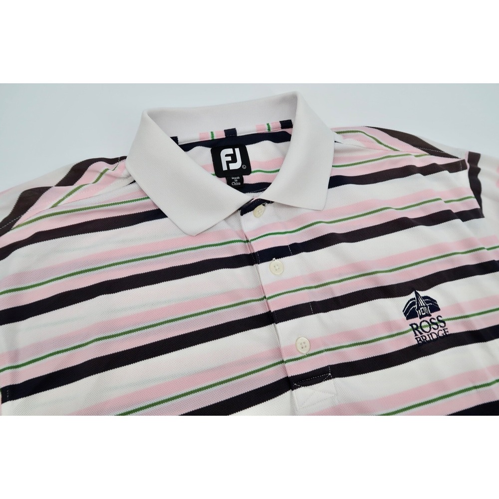 Footjoy Mens Large Navy Pink Striped Golf PGA Tour Performance‎ Polo Shirt